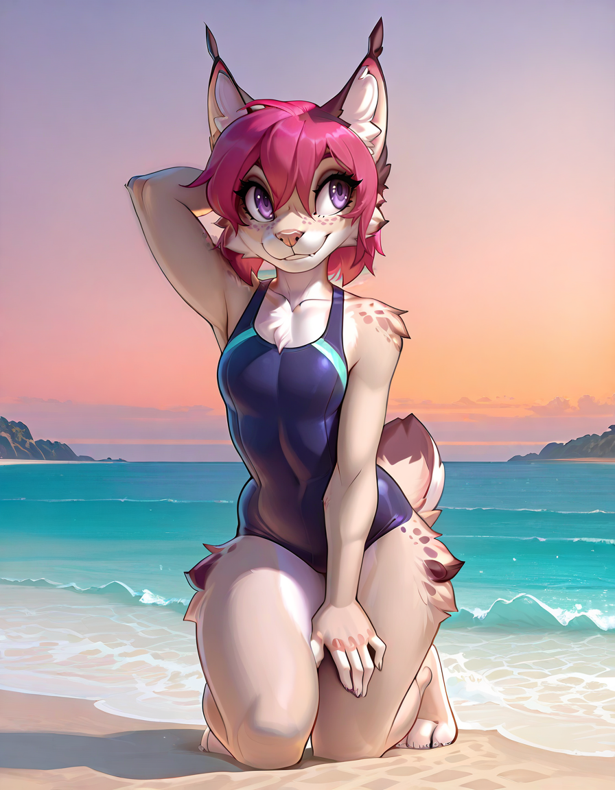 masterpiece, best quality,
outdoors,beach,
full body,smile,long eyelashes,pose,
swimsuit,pose,
<lora:Kordy_v01_ILXL:1>,
Kordy,1girl,solo,furry female,animal ears,short hair,tail,snout,animal nose,body fur,purple eyes,freckles,animal ear fluff,bangs,pink hair,white fur,two-tone fur,
