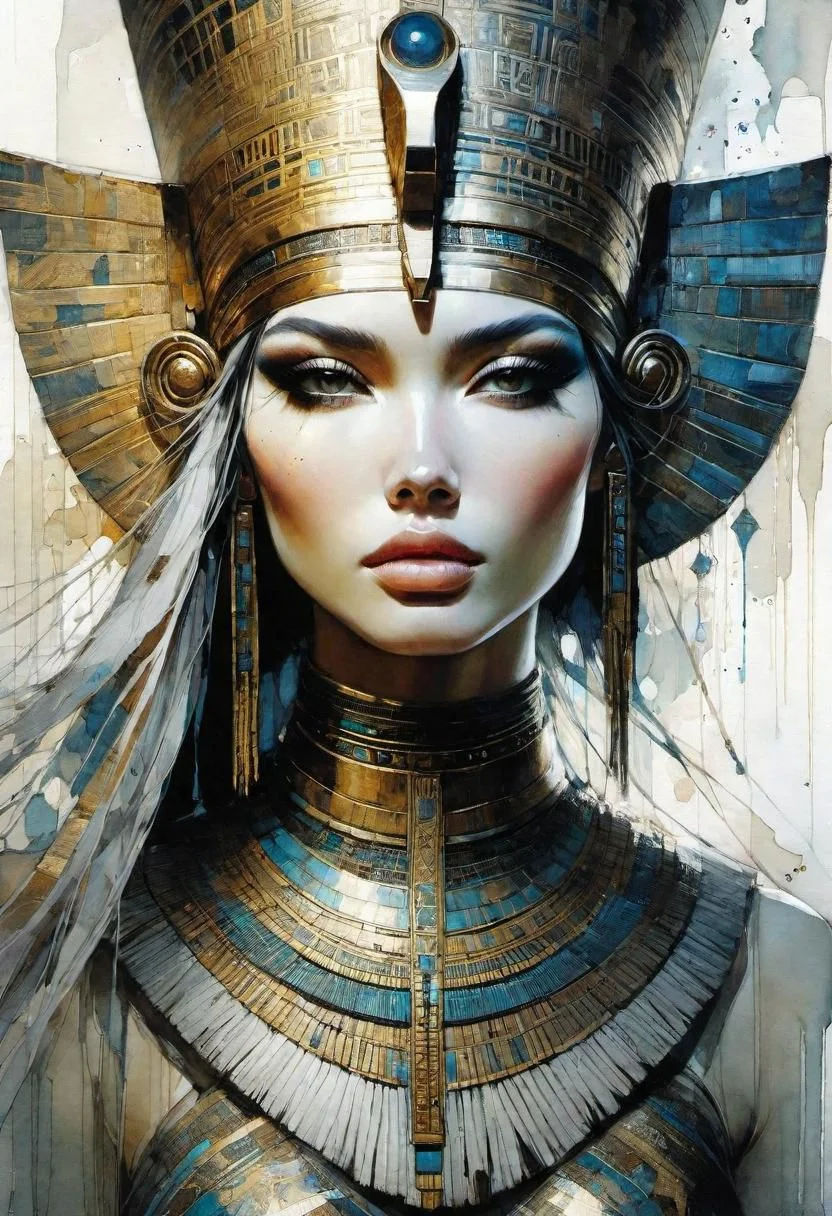 style by Agnes Cecile, Dustin Nguyen,<lora:XL_more_art-full:0.45>,best quality, lightspeed travel atmosphere,artifical cinematic lighting,ancient detailed Egypt interior,<lora:add-detail-xl:0.25>,<digital painting:0.45> hyperdetailed perfect-face,ancient-make-up,looking at viewer,naughty,mesmerise,nefertiti1godness inside galactic stargate wormhole traveling in bending detalied spacetime insane splash art ,glamor shot,<OverallDetail:0.15>,huge detailed scene inspired by (nefertiti,Stargate:2.5)