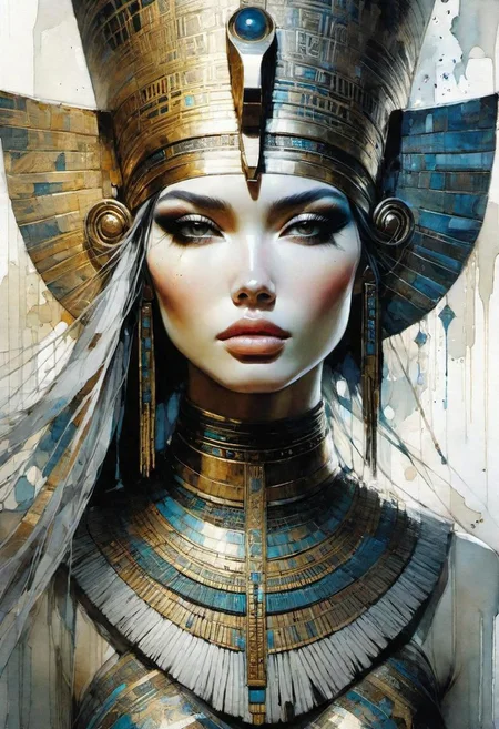 style by Agnes Cecile, Dustin Nguyen,<lora:XL_more_art-full:0.45>,best quality, lightspeed travel atmosphere,artifical cinematic lighting,ancient detailed Egypt interior,<lora:add-detail-xl:0.25>,<digital painting:0.45> hyperdetailed perfect-face,ancient-make-up,looking at viewer,naughty,mesmerise,nefertiti1godness inside galactic stargate wormhole traveling in bending detalied spacetime insane splash art ,glamor shot,<OverallDetail:0.15>,huge detailed scene inspired by (nefertiti,Stargate:2.5)