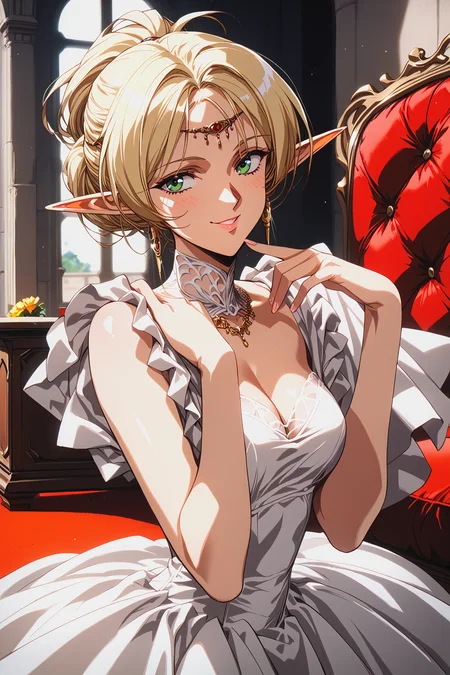 score_9, score_8, score_7, score_6_up, score_5_up,
deedlit, circlet, white dress, ball gown, updo, bare arms, short hair,
beautiful face, 24 years old,
smile, green eyes,
bangs,
record of lodoss war,
upper body,
palace, indoor, red carpet, medieval style dress,
<lora:Degen_Deedlit_v1:0.55>, <lora:TOO_NobuteruYuuki_v3B_PonyXL:0.55>, <lora:PirotessXLpony001:0.3>, <lora:Urushihara Satoshi_XL_PONY_V2:0.4>, <lora:Sinozick_Style_XL_Pony:0.2>, <lora:DefaultZ17:0.2>, <lora:style1:0.2>, <lora:pixivtext2:0.2>,