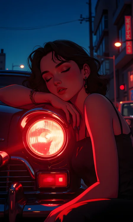 A striking and atmospheric scene featuring a woman leaning against the front of a classic car. The camera is positioned at a low angle, looking up at the subject, which creates a sense of depth and perspective. The angle also emphasizes the expanse of the night sky and the surrounding environment.
The lighting in the image is dramatic and moody, with a strong red hue emanating from the car's headlight. The light type appears to be artificial, likely from the car's own illumination, which creates a warm and intense atmosphere. The light direction is from the front-right side of the subject, casting shadows that highlight the contours of her face and the texture of her clothing.
The woman is leaning against the car, with her eyes closed and a serene expression on her face. She is wearing a sleeveless top, which adds to the overall sense of elegance and style. Her hair is styled loosely around her shoulders, adding a touch of softness to the scene.
The background features a dark blue sky, suggesting it is either dusk or early evening. There are some blurred lights visible in the distance, indicating an urban setting. The colors and textures in the background complement the subject's appearance, creating a harmonious and visually appealing composition.
The overall mood of the image is one of quiet reflection and tranquility, capturing a moment of stillness and beauty in an urban environment. The combination of the woman's pose, the dramatic lighting, and the classic car creates a visually stunning and memorable photograph.
BREAK anime, d13s3lp2nk, bboil artist style, OBdonman, Anime art, <lora:FLUX\Anime Art V3:0.4>, <lora:FLUX\Synesthesia:0.2>, <lora:FLUX\RetroAnimeS1.1:0.4>, <lora:FLUX\Flux-jijia:0.1>, <lora:FLUX\It's a LoRA for portraits, BUT! actually specialized in backgrounds. v1.0:0.1>, <lora:FLUX\GLSHS:0.2>, <lora:FLUX\Dieselpunk Delight - s0_9 g4:0.2>, <lora:FLUX\OBdonman, anime0style portrait:0.1>