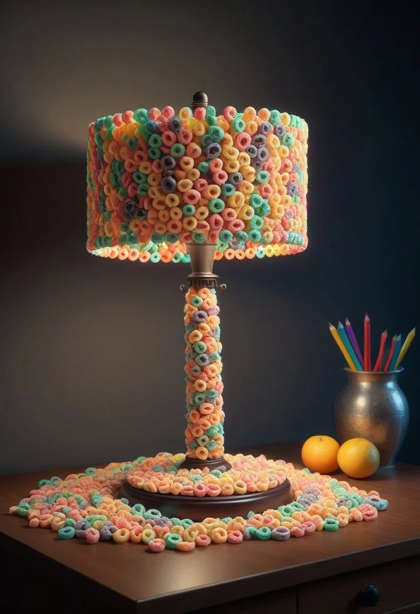 made of Fruit loops , epic picture of a desk lamp on a table, highly detailed, masterpiece, dramatic cinematic lighting, unforgettable, very intricate, high detail , photorealistic detail, ultra-realism , photorealistic, ultra detailed ,octane render, <lora:FruitLoopStyle_epoch_9:0.4>