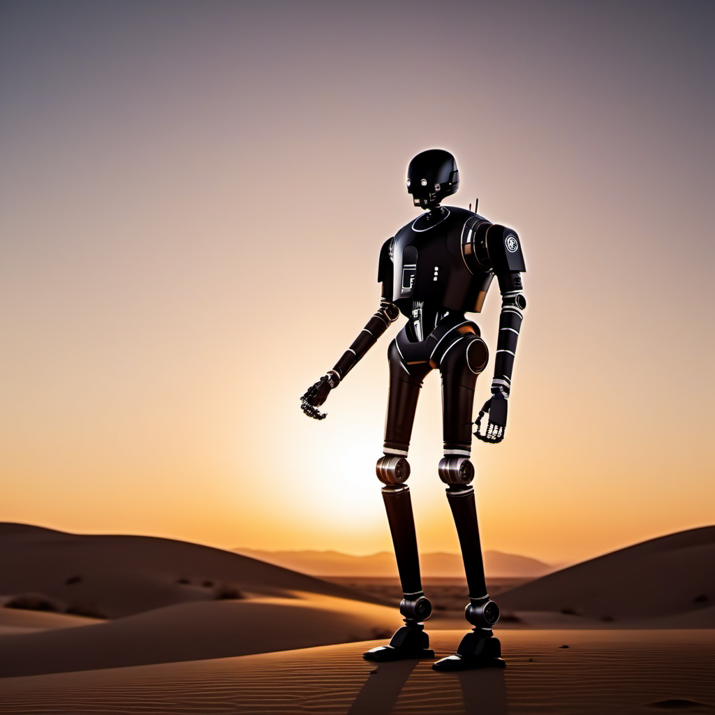 cinematic photo robot, solo, no humans, standing in the desert, sunset  <lora:K2SO:0.8> . 35mm photograph, film, bokeh, professional, 4k, highly detailed