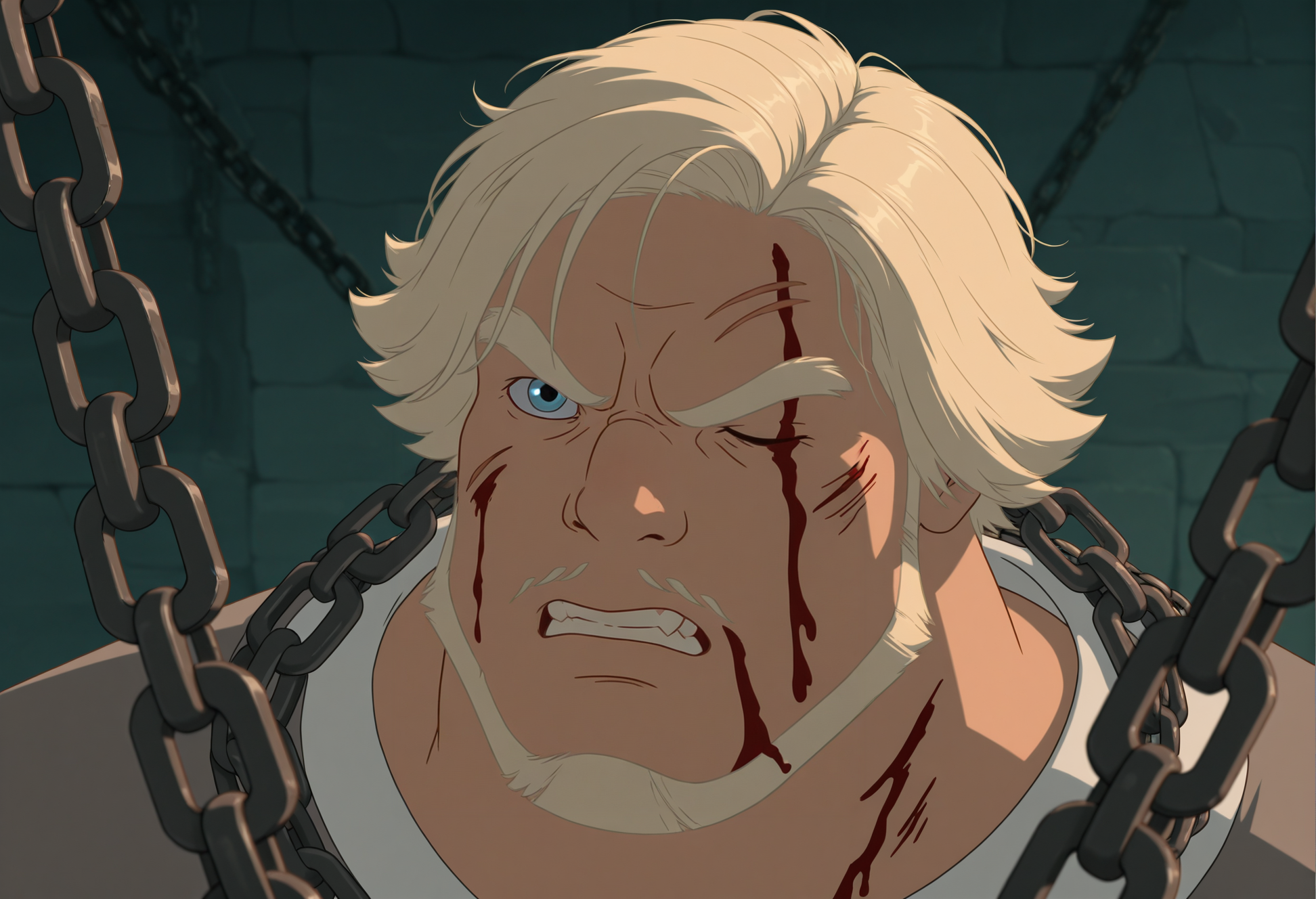 concept art masterpiece, best quality, absurdres
 <lora:dobri:1>dobriba, 1boy, male focus, facial hair, solo, scar, beard, blood, blue eyes, blonde hair, one eye closed, parody, chain, scar across eye, injury, scar on face, teeth, mustache, clenched teeth, short hair, Chained up
 <lora:noobai_vpred_1_masterpieces_v23:0.7> masterpiece, best quality, very aesthetic . digital artwork, illustrative, painterly, matte painting, highly detailed
