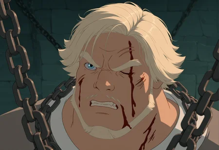 concept art masterpiece, best quality, absurdres
 <lora:dobri:1>dobriba, 1boy, male focus, facial hair, solo, scar, beard, blood, blue eyes, blonde hair, one eye closed, parody, chain, scar across eye, injury, scar on face, teeth, mustache, clenched teeth, short hair, Chained up
 <lora:noobai_vpred_1_masterpieces_v23:0.7> masterpiece, best quality, very aesthetic . digital artwork, illustrative, painterly, matte painting, highly detailed