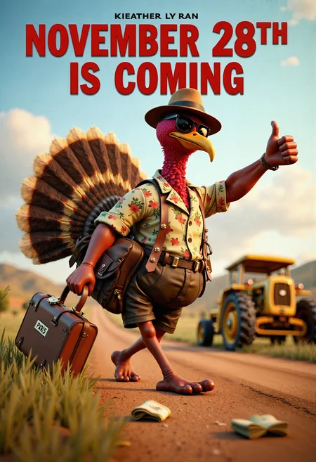 This is a movie poster of a very realistic 3D animation, in the style of the movie Chicken Run, which features an amusing scene featuring a large turkey in a hurry to leave, tail feathers are fanned out behind it, dressed like a typical 1950s American tourist in a dusty countryside, hitchhiking, one arm outstretched, thumbs up. The turkey is wearing a vintage floral Hawaiian shirt, high-waisted shorts, a classic fedora and retro sunglasses, with a large Rolex on his wrist. The turkey is holding one vintage leather suitcase with old travel stickers indicating his destination: "PARIS" and others in the shape of the Eiffel Tower. Two lost crumpled dollars lie on the ground.  The turkey is standing on the side of a dirt road with grass growing in the middle. The surrounding countryside includes rolling hills, a very old abandoned yellow Fordson Major tractor and haystacks in the nearby fields and a dusty lot, winding country road. The background includes a sky fading to soft oranges and pinks. The lighting and staging evoke the dramatic, cinematic details and atmosphere of a classic World War II film. In large red letters, like the film's title, it reads: "NOVEMBER 28TH IS COMING."