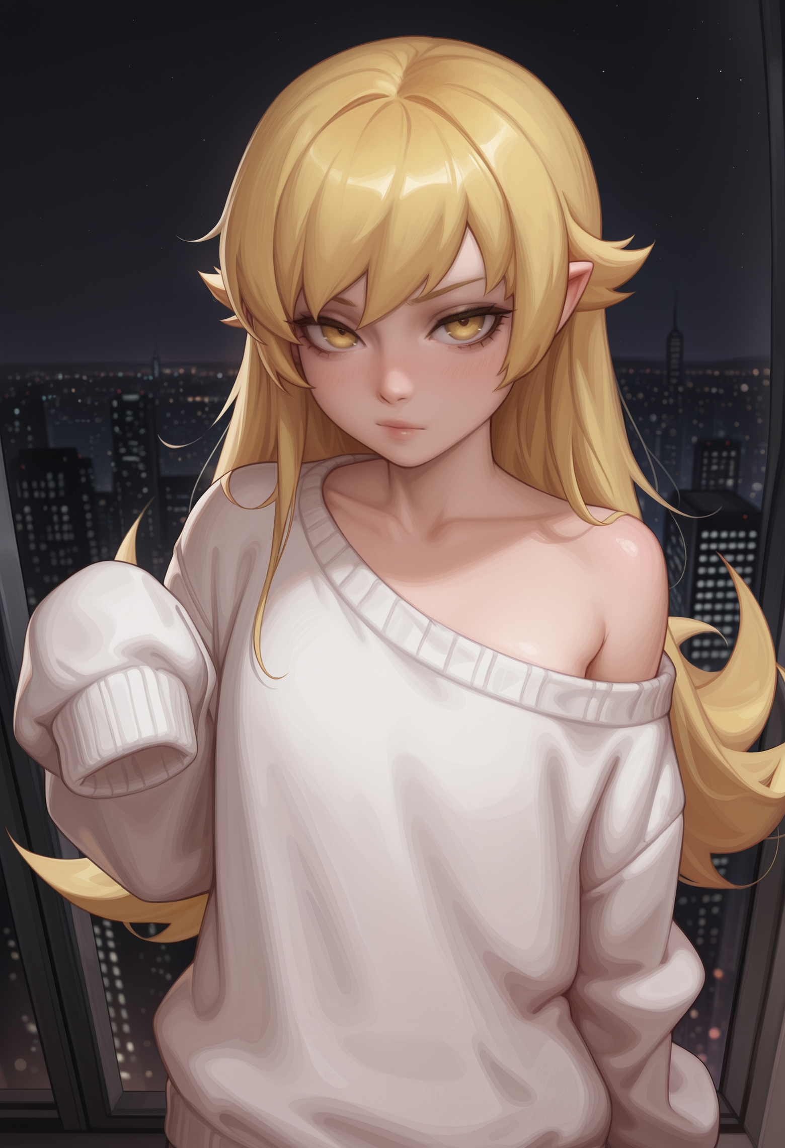 bxxtybear,  half body, oshino shinobu , 1girl, solo, looking at viewer, oversized clothes, white sweater, single bare shoulder, height difference, skyscraper, night sky, masterpiece, best quality, amazing quality <lora:bxxtybear-illustrious-ty_lee:1>