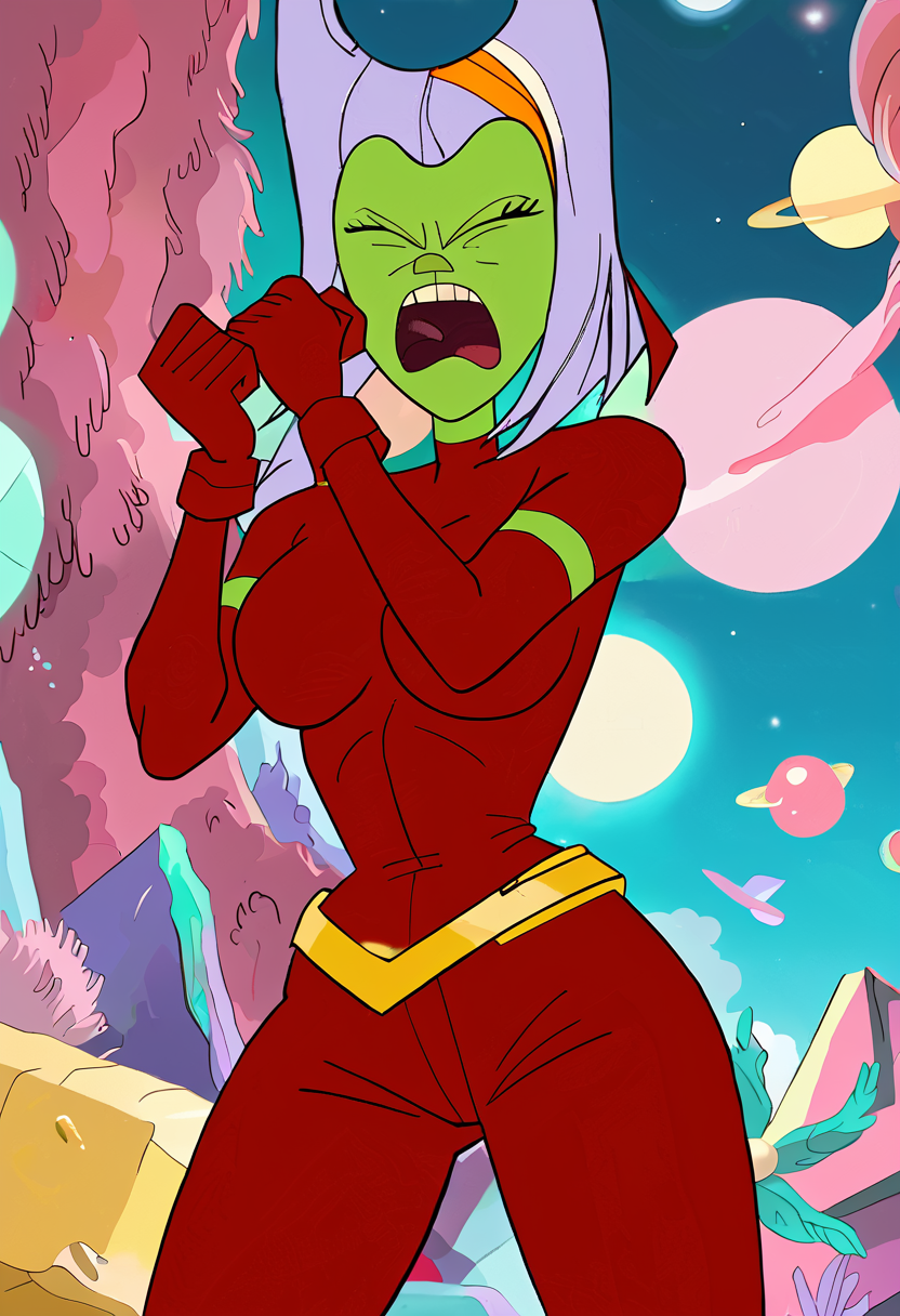 <lora:TwelveForever_ButtWitch_Pony:1.1>, butt witch \(regular\), clenched hand, closed eyes, twelve forever, 1girl, solo, colored skin, red bodysuit, on a starship, masterpiece, best quality, score_9, score_8_up, score_7_up