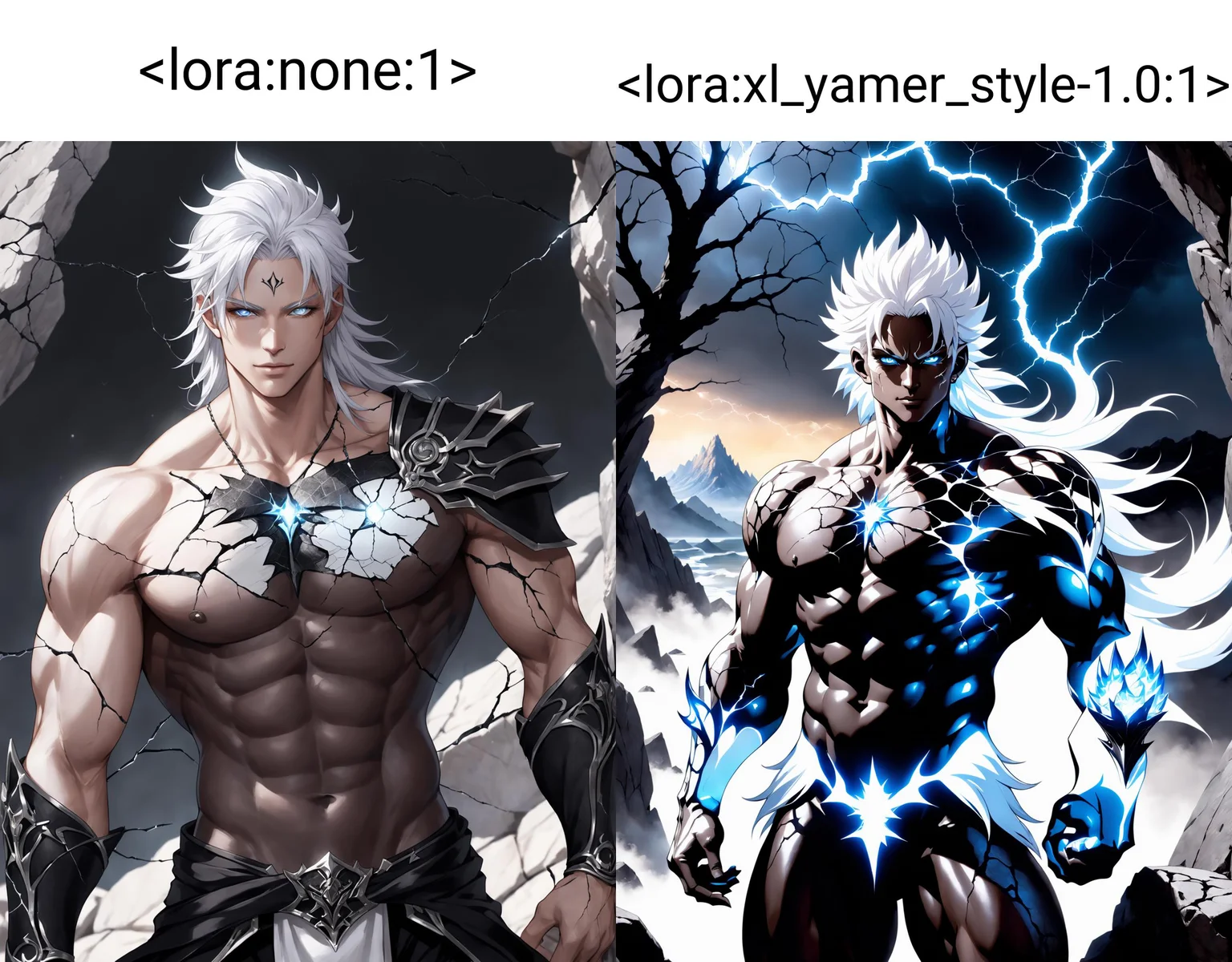 black humanoid made of rock, upper body, barechested, male, ((masterpiece, best quality)), ultra detail, glass skin, white electricity coming through cracks, muscular male, (dragonborn:0.6), white hair, outdoors, detailed background, (AnimeRage), (Cracked Skin:1.4), yamer style, <lora:none:1>