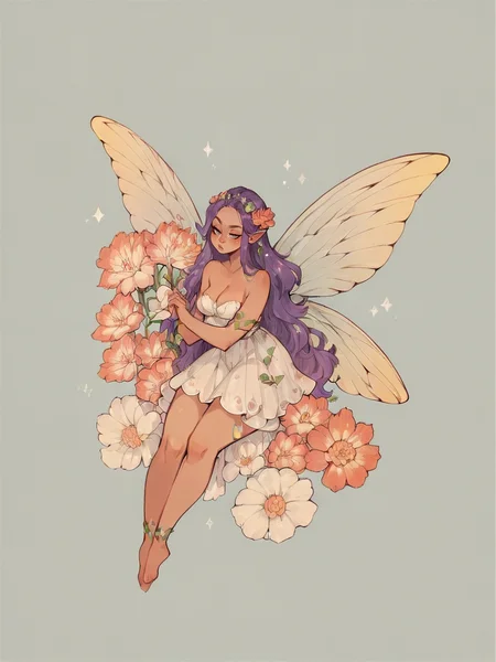 score_9, score_8_up, score_7_up, score_6_up, score_5_up, score_4_up, <lora:s0ftf41ryXLP:0.7> s0ftf41ry, large flower, fairy, curvy, purple hair, 1girl,