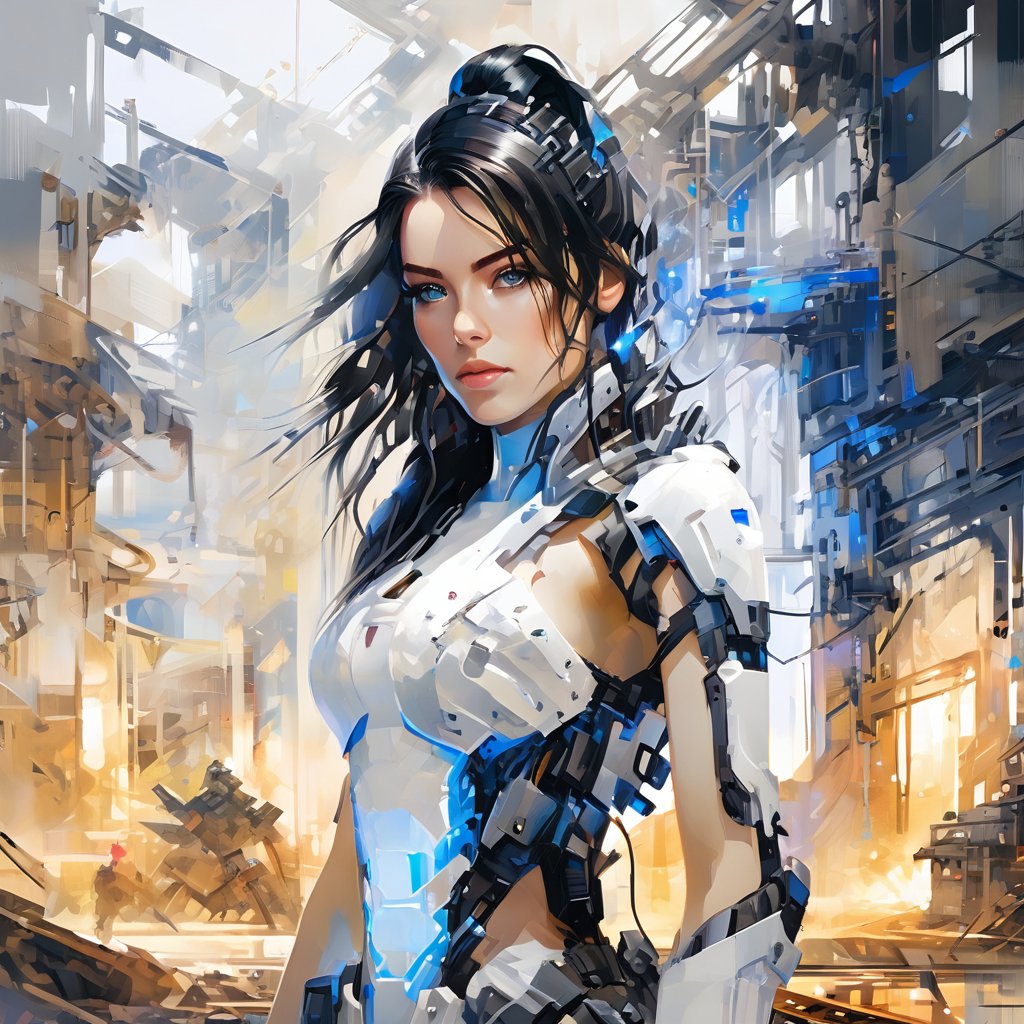 Masterpiece, illustration,8K wallpaper, super detailed,portrait,(full body),(dissection:1.5),(Disassemble:1.3)
(1 girl:1.5),(solo),(long black hair:1.4),(Machine structure body),ponytail, (Medium breasts),(Beautiful detailed blue eyes: 1.3),
(white background: 2), mecha,natural light, light tracing
oil and watercolor painting,<lora:oil_and_watercolor_painting:0.85>,