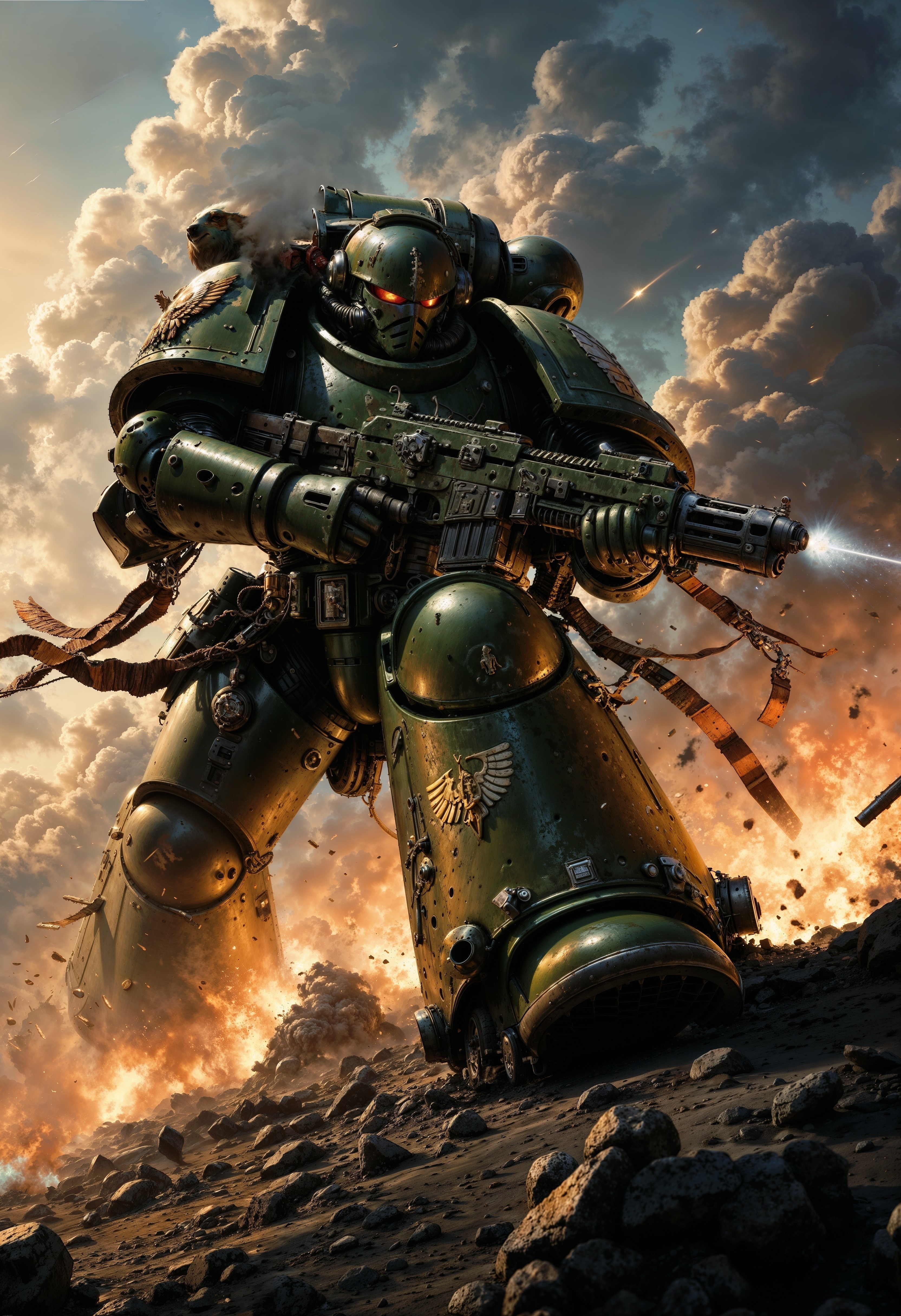 DarkA40k, large space marine jumping from a plane while holding a machine gun, explosions in the background, epic action scene, movie still, <lora:FluxDarkA40k:1> <lora:FluxMythP0rtr4itStyle:0.7>