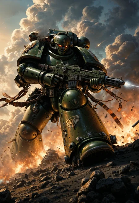 DarkA40k, large space marine jumping from a plane while holding a machine gun, explosions in the background, epic action scene, movie still, <lora:FluxDarkA40k:1> <lora:FluxMythP0rtr4itStyle:0.7>