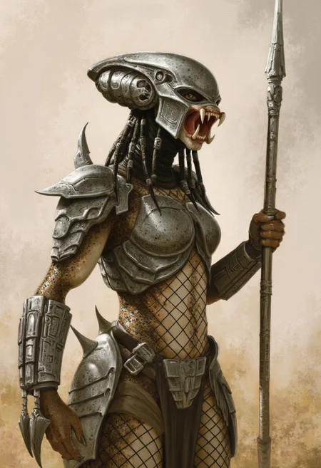 intricate impressionist  painting  upper body portrait of a  skinny but athletic (23 year old female woman) yautja alien, yelling with mouth open showing fangs, wearing heavy yautja armor, full body fishnet body suit, in one hand he is holding a high tech spear that is stuck in the ground next to him