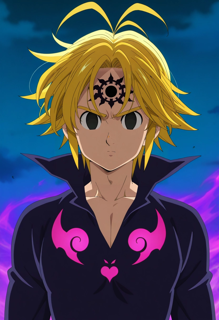 masterpiece, best quality, , anime screencap, anime coloring, official style, , 1boy, solo, male focus, <lora:meliodas_nanatsu_no_taizai_ilxl:0.98>, meliodas_nanatsu_no_taizai, blonde hair, short hair, antenna hair, facial mark, empty eyes, black eyes, forehead mark, demon form, demon outfit, ,