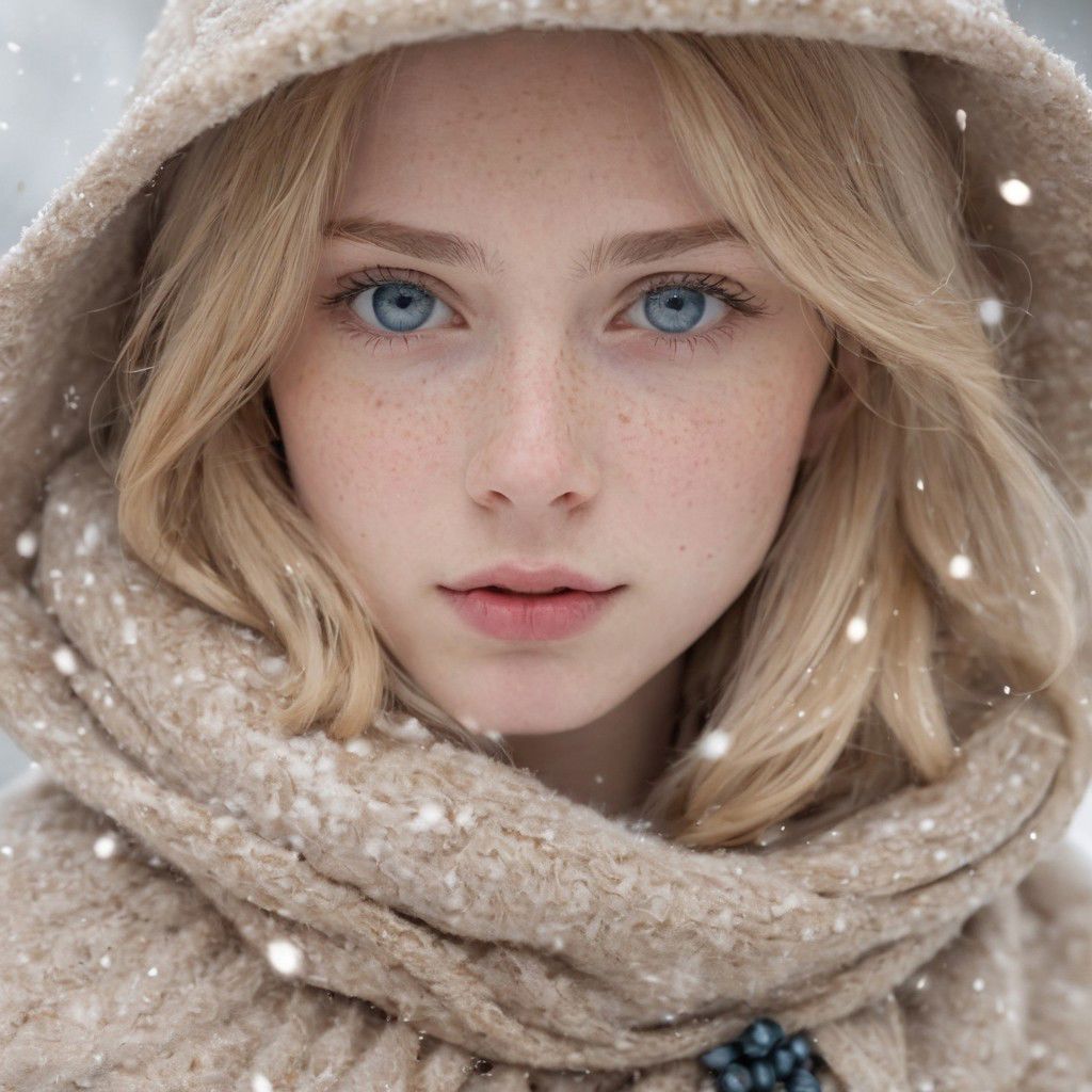 photograph of a cute adult girl, blonhair, pale skin, freckles, blush, innocent, petite and youthful face, silver blue eyes, wearing a cloak, city christmas festival, snowfall, Porta 160 color, shot on ARRI ALEXA 65, bokeh, sharp focus on subject, shot by Don McCullin, nsfw, (natural skin texture, hyperrealism, soft light, sharp), (perfect round eyes:1.3), Capture the essence of her beauty, Enrich the composition with soft, diffused natural light that accentuates the textures and colors, creating a timeless and culturally rich image, EyeDetail-SDXL, fFaceDetail-SDXL