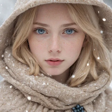 photograph of a cute adult girl, blonhair, pale skin, freckles, blush, innocent, petite and youthful face, silver blue eyes, wearing a cloak, city christmas festival, snowfall, Porta 160 color, shot on ARRI ALEXA 65, bokeh, sharp focus on subject, shot by Don McCullin, nsfw, (natural skin texture, hyperrealism, soft light, sharp), (perfect round eyes:1.3), Capture the essence of her beauty, Enrich the composition with soft, diffused natural light that accentuates the textures and colors, creating a timeless and culturally rich image, EyeDetail-SDXL, fFaceDetail-SDXL