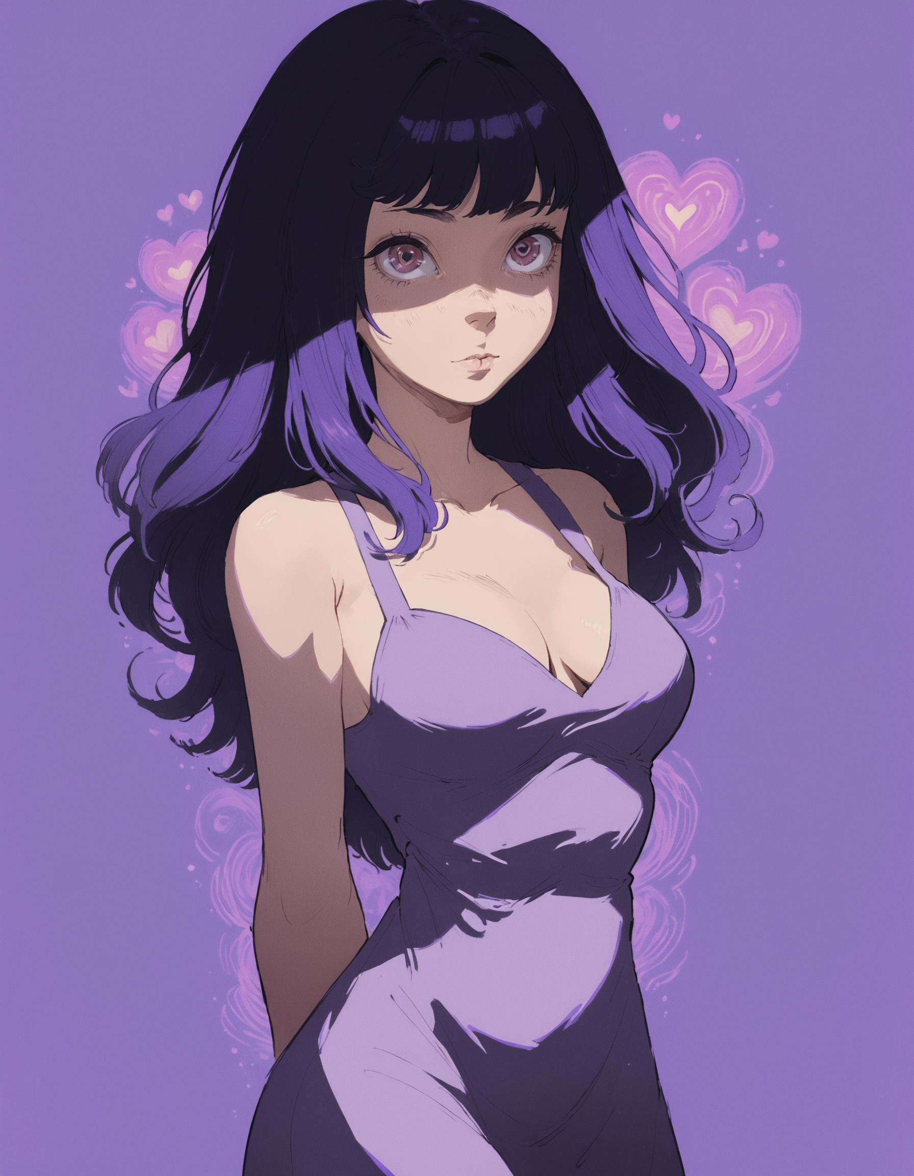 1girl, woman, solo, simple background, medium sized breasts, cleavage, summer dress, long hair, hands behind back, hearts, love, colorful, large eyes,  purple theme, vintage_pop <lora:whimsical_vintage_pop:1>