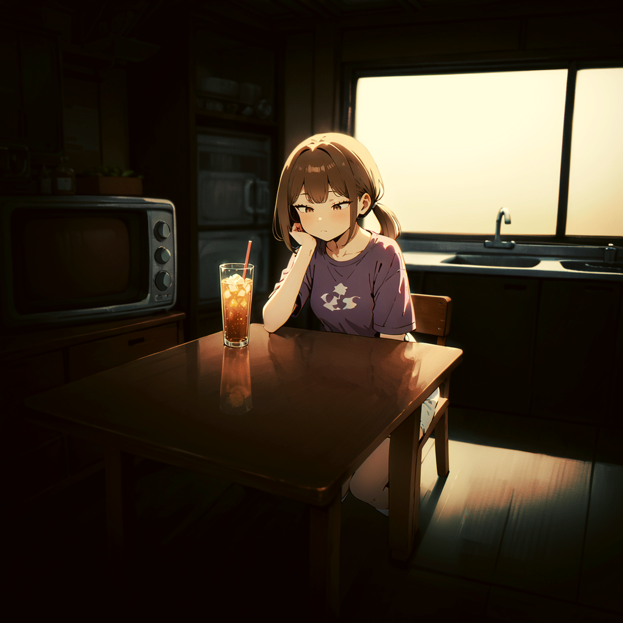 masterpiece, best quality, very aesthetic, absurdres, film grain, [realistic:0.2], [3d:0.9],
perspective, best quality, <lora:Fixhands_anime_bdsqlsz_V1:1>, <lora:anti_human_ears:1.3>,<lora:StS_age_slider_v1_initial_release:-1> 
girl, brown hair,long hair,low ponytail,brown eyes,violet t-shirt,small breasts, (tsurime,narrowed eyes:1.2),white shorts,looking down, 
retro apertment room,table,ice tea in tall glass,teain printed glass,on table,sitting on chair,shelf,kitchen,sink,old tv,expressionless, 
blurry background,japan oldstyle house,showa,<lora:Showa_Atmosphere:0.3>,sunset,white floor