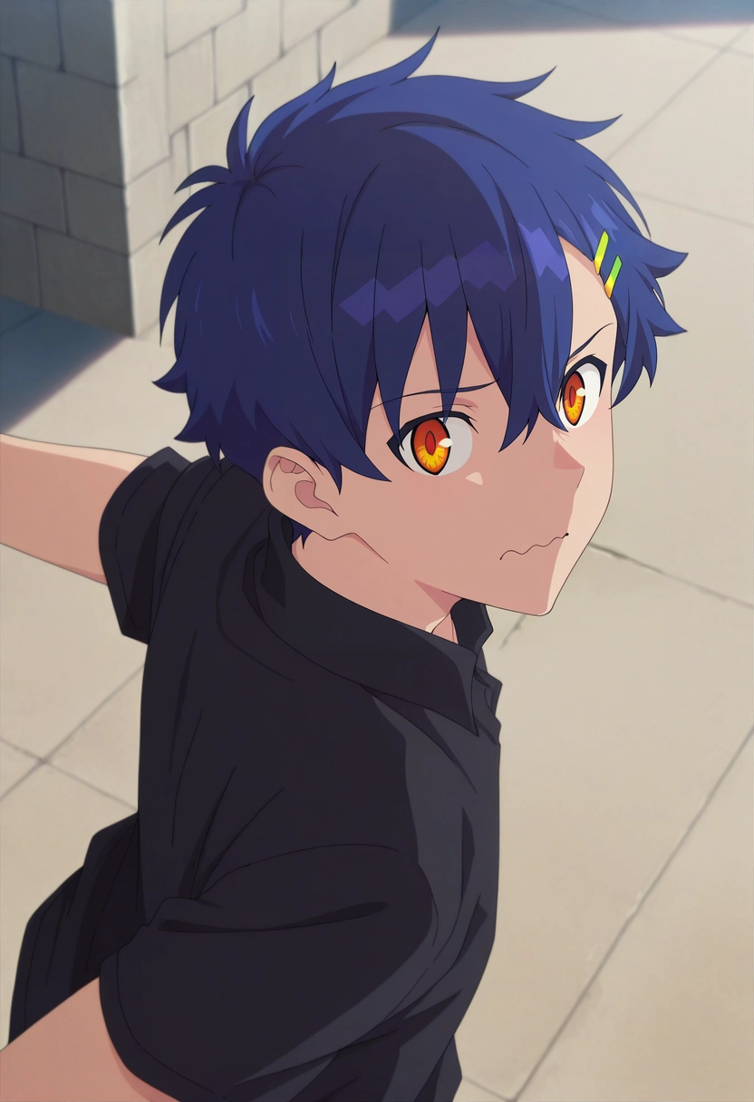 masterpiece, best quality, , anime screencap, anime coloring, official style, , 1boy, solo, male focus, <lora:yomogi_asanaka_ilxl:1>, yomogi_asanaka, blue hair, orange eyes, short hair, bangs, hair between eyes, hairclip, , from above, great wall of china, day, sunny, dynamic pose, wavy mouth,