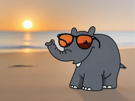 <lora:Ottifant_sdxl:0.5> Ottifant smiling , wearing sunglass on a beach, sunset