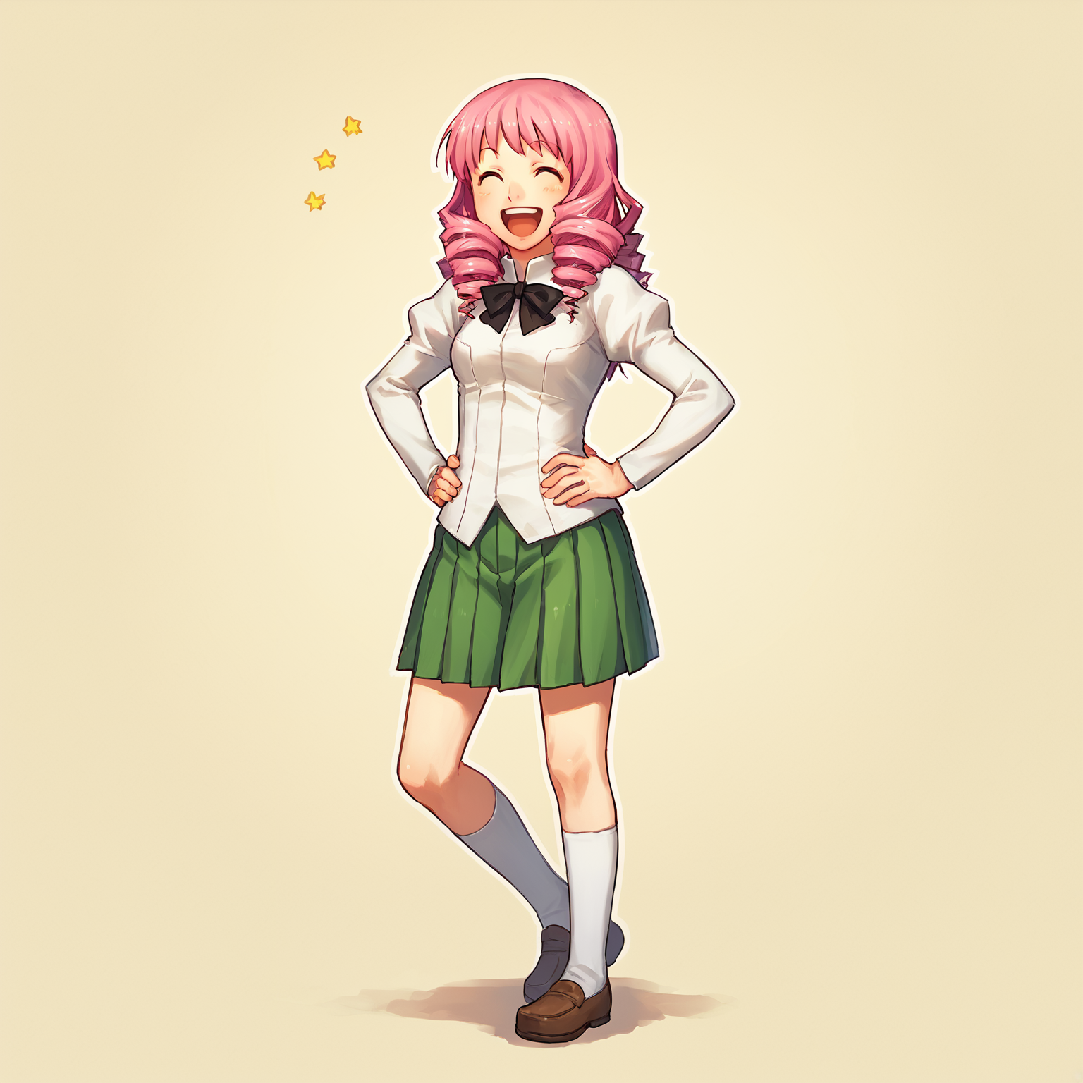 score_9, score_8_up, score_7_up,
BREAK
1girl, solo, standing, looking at viewer, full body, 
<lora:Katawa_Shoujo_charpack-000010:1>, katawa shoujo, yamaku high school uniform, 
mikado shiina, long hair, drill hair, pink hair, (brown eyes:0.0),
smile, ^ ^, open mouth, :d, hands on own hips, laughing,