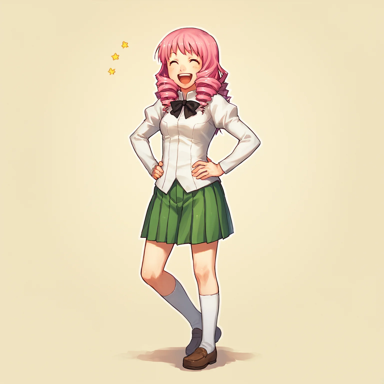 score_9, score_8_up, score_7_up,
BREAK
1girl, solo, standing, looking at viewer, full body,
<lora:Katawa_Shoujo_charpack-000010:1>, katawa shoujo, yamaku high school uniform,
mikado shiina, long hair, drill hair, pink hair, (brown eyes:0.0),
smile, ^ ^, open mouth, :d, hands on own hips, laughing,