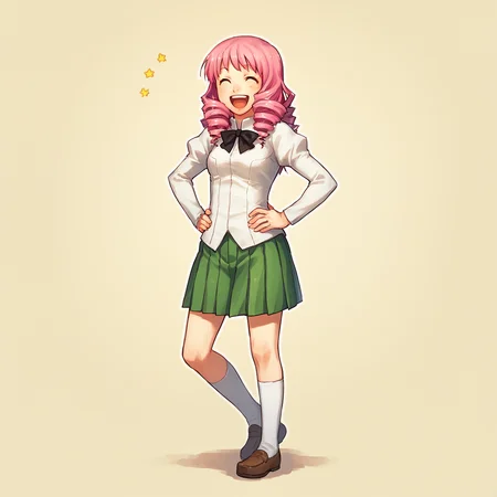 score_9, score_8_up, score_7_up,
BREAK
1girl, solo, standing, looking at viewer, full body,
<lora:Katawa_Shoujo_charpack-000010:1>, katawa shoujo, yamaku high school uniform,
mikado shiina, long hair, drill hair, pink hair, (brown eyes:0.0),
smile, ^ ^, open mouth, :d, hands on own hips, laughing,