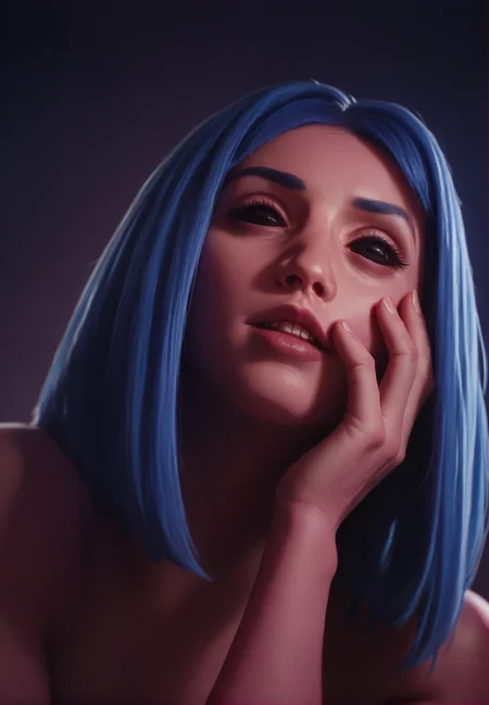 <lora:Joi2049:1> joi2049, 1girl, black eyes, face photo, pink skin, dark background, neon, blue hair, from below, one hand on face<lora:sinfully_stylish_PONY_0.2:0.5> dramatic lighting, score_9, score_8_up, score_7_up, score_6_up