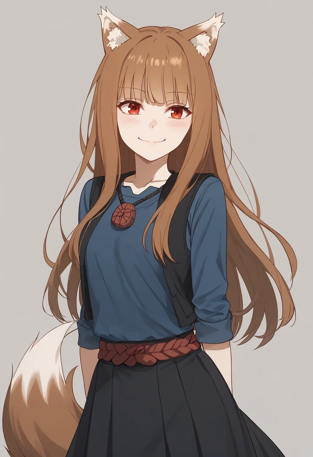 score_9,score_8_up,score_7_up,score_6_up <lora:holo_spice_and_wolf_pd_goofy_v1:1>holo, 1girl, animal ears, tail, solo, wolf ears, wolf tail, long hair, wolf girl, smile, shirt, animal ear fluff, blue shirt, looking at viewer, bangs, blush, black skirt, closed mouth, simple background,black vest