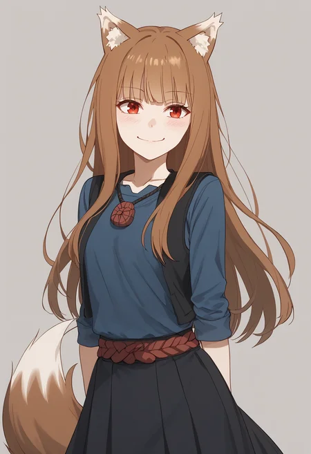 score_9,score_8_up,score_7_up,score_6_up <lora:holo_spice_and_wolf_pd_goofy_v1:1>holo, 1girl, animal ears, tail, solo, wolf ears, wolf tail, long hair, wolf girl, smile, shirt, animal ear fluff, blue shirt, looking at viewer, bangs, blush, black skirt, closed mouth, simple background,black vest
