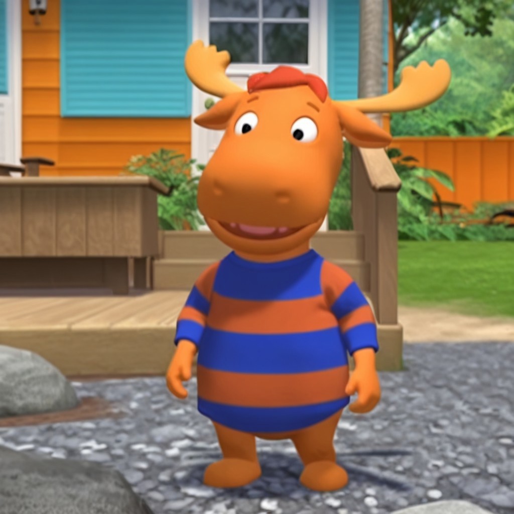 masterpiece, best quality, amazing quality, tyronemoosebyil, anthro, male, moose, orange fur, black eyes, antlers, red hair,blue and orange striped shirt, standing, outside, backyard, solo, full body
