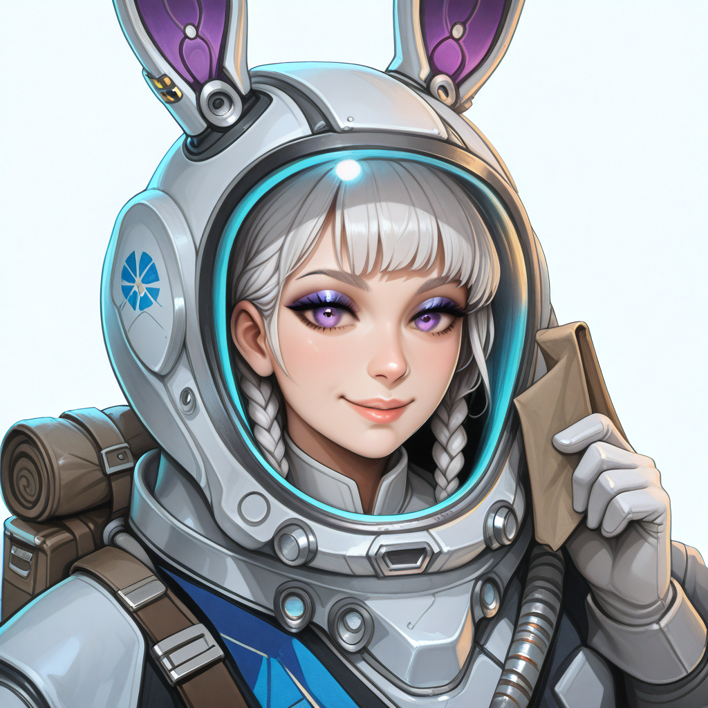 masterpiece, best quality, good quality, very aesthetic, absurdres, newest, (Perfect details), 1girl, solo, looking_at_viewer, smile, simple_background, white_background, gloves, holding, animal_ears, standing, purple_eyes, full_body, braid, parted_lips, boots, pants, virtual_youtuber, medium_hair, white_gloves, bag, rabbit_ears, twin_braids, fake_animal_ears, helmet, eyeshadow, science_fiction, white_pants, grey_gloves, baggy_pants, spacesuit, space_helmet, holding_helmet, purple_eyeshadow, mechanical_ears, (persean) <lora:Starsector_NOOB_vPred_v1.0:0.9>, <lora:ponyv6_noobV1_2_adamW:1> <lora:noobai_ep11_stabilizer_v0.114_fp16:1>