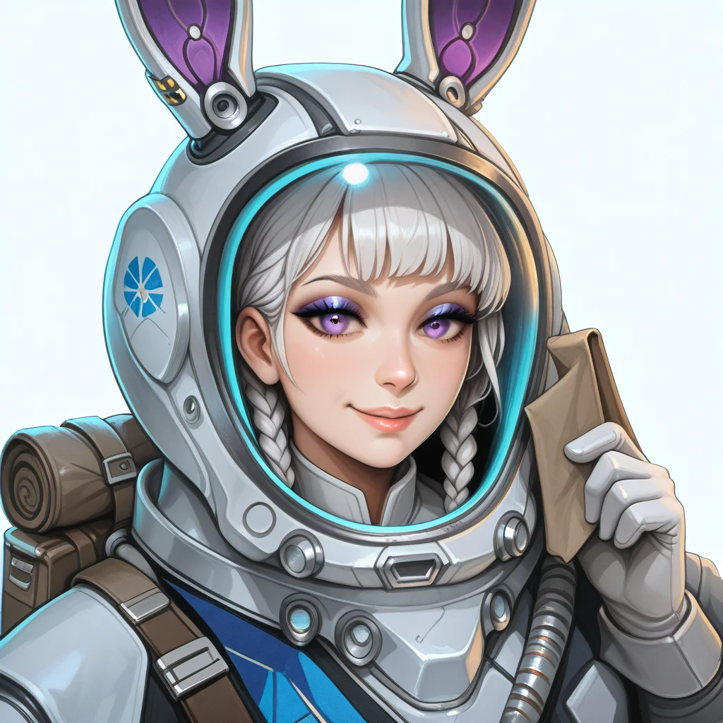 masterpiece, best quality, good quality, very aesthetic, absurdres, newest, (Perfect details), 1girl, solo, looking_at_viewer, smile, simple_background, white_background, gloves, holding, animal_ears, standing, purple_eyes, full_body, braid, parted_lips, boots, pants, virtual_youtuber, medium_hair, white_gloves, bag, rabbit_ears, twin_braids, fake_animal_ears, helmet, eyeshadow, science_fiction, white_pants, grey_gloves, baggy_pants, spacesuit, space_helmet, holding_helmet, purple_eyeshadow, mechanical_ears, (persean) <lora:Starsector_NOOB_vPred_v1.0:0.9>, <lora:ponyv6_noobV1_2_adamW:1> <lora:noobai_ep11_stabilizer_v0.114_fp16:1>