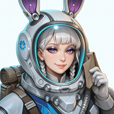 masterpiece, best quality, good quality, very aesthetic, absurdres, newest, (Perfect details), 1girl, solo, looking_at_viewer, smile, simple_background, white_background, gloves, holding, animal_ears, standing, purple_eyes, full_body, braid, parted_lips, boots, pants, virtual_youtuber, medium_hair, white_gloves, bag, rabbit_ears, twin_braids, fake_animal_ears, helmet, eyeshadow, science_fiction, white_pants, grey_gloves, baggy_pants, spacesuit, space_helmet, holding_helmet, purple_eyeshadow, mechanical_ears, (persean) <lora:Starsector_NOOB_vPred_v1.0:0.9>, <lora:ponyv6_noobV1_2_adamW:1> <lora:noobai_ep11_stabilizer_v0.114_fp16:1>