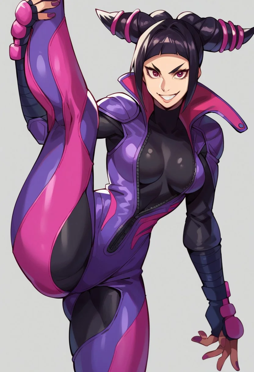 score_9, score_8_up, score_7_up, 1girl, solo, jur1 h4n, black hair, hair horns, gloves, fingerless gloves, bodysuit, purple bodysuit, bikesuit, looking at viewer, smile, cowboy shot, standing on one leg, knee up, toenail polish