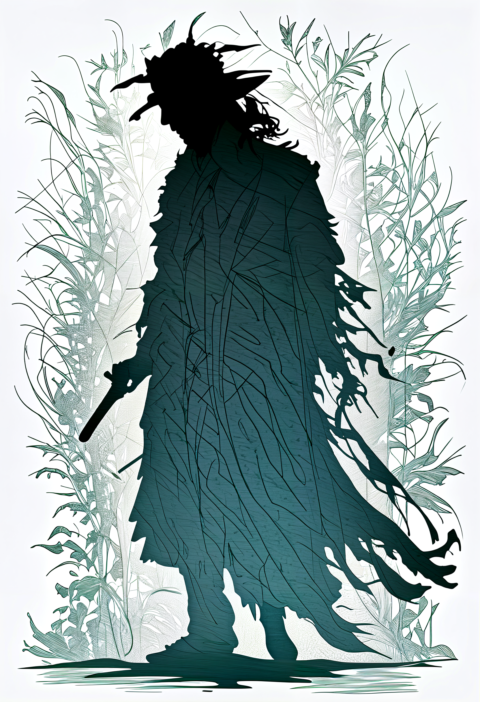 (silhouette:2), highly detailed linework reminiscent of Carne Griffiths, imbued with Wadim Kashim's bold texture, light and airy as Carl Larsson's compositions, gandalf the grey, motion, featuring Pascal Blanche-style hyper-realistic characters, pastel, elegance, dramatic lighting, expressive camera angle, matte, concept art, linquivera