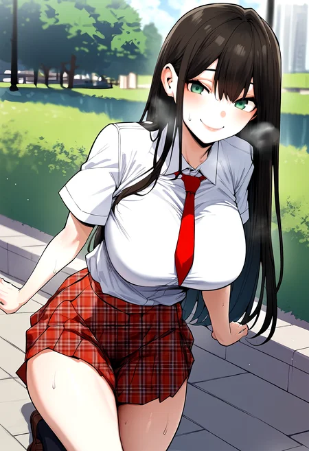 score_9, score_8_up, score_7_up, score_6_up, source_anime, rating_explicit, <lora:neg4all_bdsqlsz_V3.5:2.0>1girl, (solo:1.2), huge breasts, <lora:Yoo Na-Riponyxl:1> long hair, green eyes, black hair, brown hair, school uniform, red necktie, white shirt, collared shirt, short sleeves, plaid skirt, pleated skirt, smile, Narrow shoulders, heavy breathing, steaming body, park, outdoors, looking at viewer