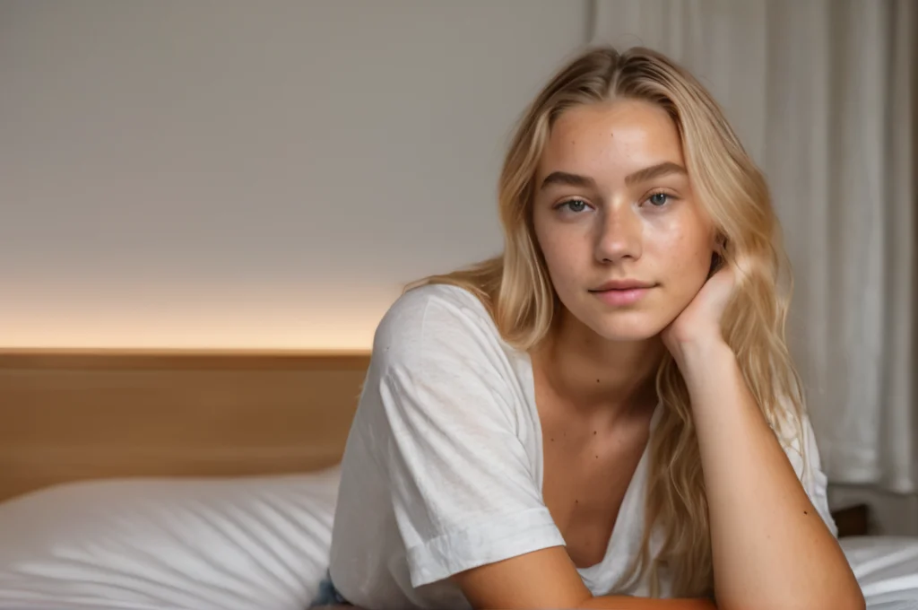 masterpiece, photorealistic, 18 yo and blonde woman sitting in bed, realisitic skin with (freckles:0.5) dimples skin pores, Background sleeping room, 8k uhd, dslr, bright lighting, high quality, film grain, Fujifilm XT3, <lora:first_nsfw:1>