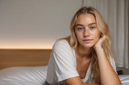masterpiece, photorealistic, 18 yo and blonde woman sitting in bed, realisitic skin with (freckles:0.5) dimples skin pores, Background sleeping room, 8k uhd, dslr, bright lighting, high quality, film grain, Fujifilm XT3, <lora:first_nsfw:1>