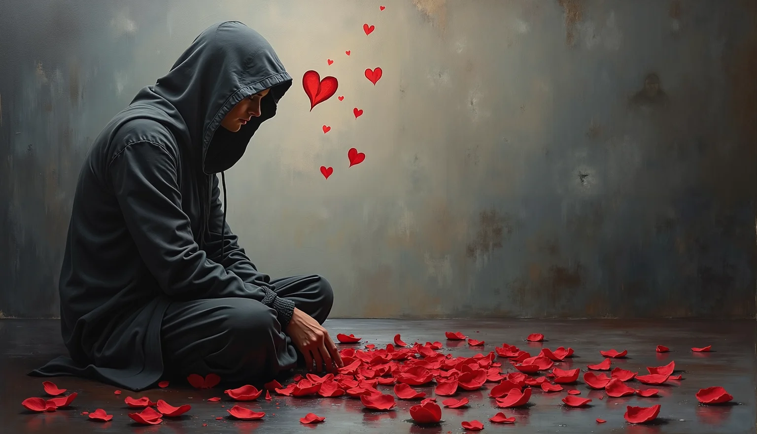 a moody and atmospheric oil painting of a solitary figure, lost in thought, as if hiding from the pain of love lost, weaving together poignant symbols of a broken heart, shattered heart shaped rose petals scattered as if the artist had poured their own soul onto the canvas, oil on canvas