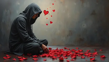 a moody and atmospheric oil painting of a solitary figure, lost in thought, as if hiding from the pain of love lost, weaving together poignant symbols of a broken heart, shattered heart shaped rose petals scattered as if the artist had poured their own soul onto the canvas, oil on canvas
