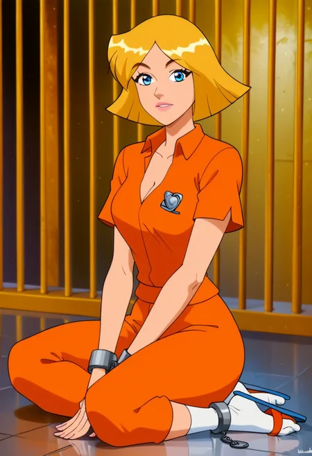 Score_9, score_8_up, score_7_up, anime style, ultra detailed, prison cell background, Excellent quality, high resolution, cowboy shot,, 1woman, solo, neutral expression, clover ts, blonde hair, medium hair, blue eyes, short sleeves, orange jumpsuit, thin orange pants, slight cleavage, tight clothes, in a prison courtyard, matted hair, orange flip flops, white socks, ankle cuffs, sitting on the floor, Clinging on prison bars, holding onto prison bars, behind bars, amazing shading, closeup, looking at viewer