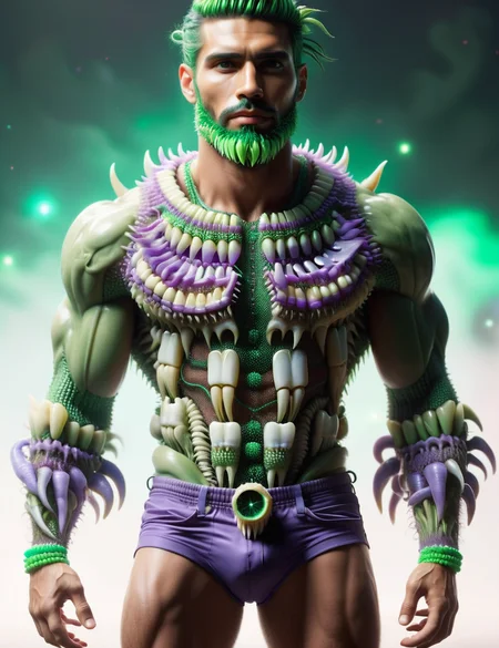 DonMT33thXL, male interdimensional lawyer, youth balanced, native hawaiian, dark green eyes, torn ears, graceful collarbone, balbo beard , lavender box braids hair, disgust, conjuring creatures or forces from other dimensions., wearing nano-fiber jogger shorts, rustred sonic soundwave polymer thermal-regulating shirt, plasma-lace hiking shoes, , sitting cross-legged, attuning to the vastness of the universe., dystopian gloom with neon pops, ai-guided mechs and autonomous defense systems, <lora:DonMT33th:1> <lora:DonMT33thXL:1>