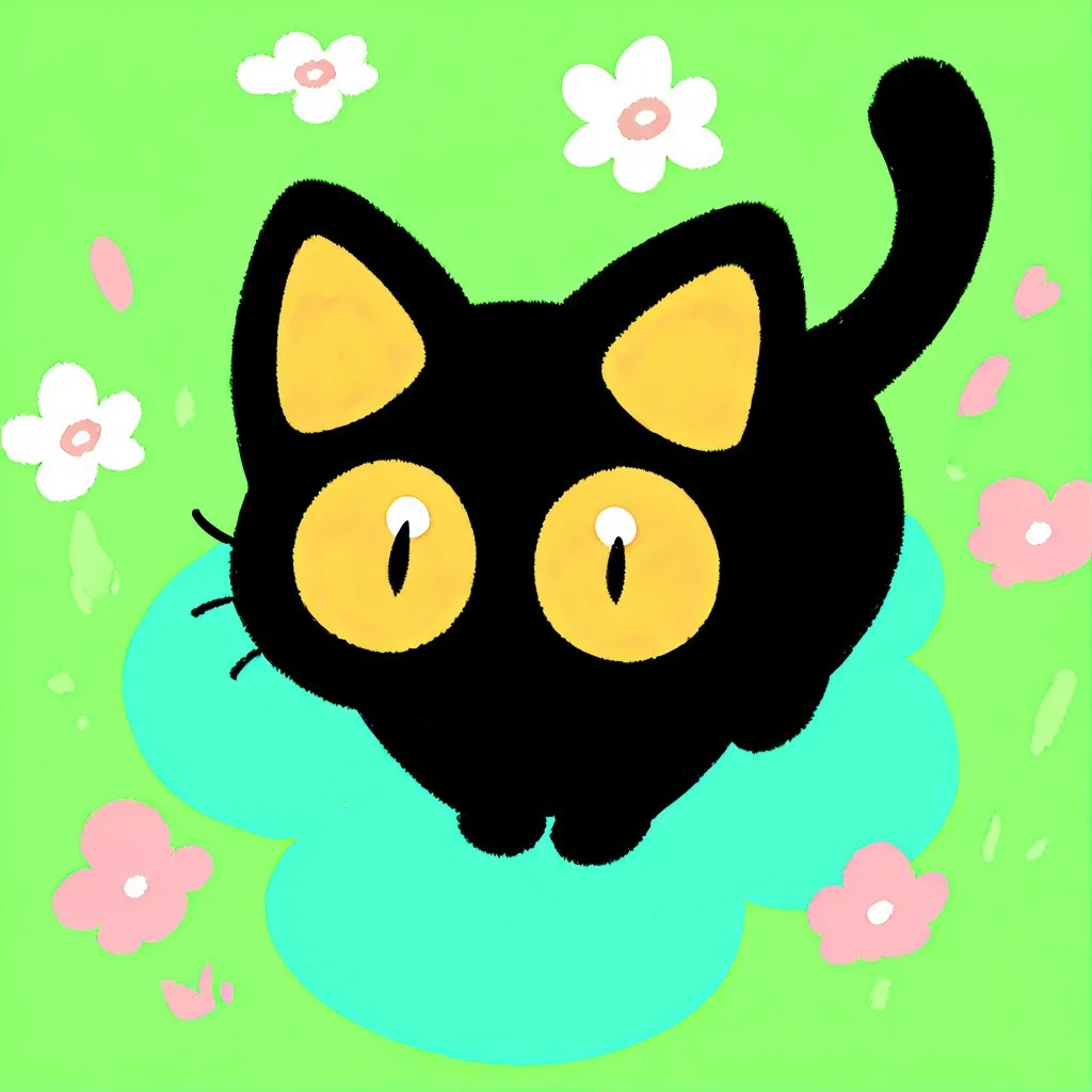 masterpiece, best quality, simple illustration, 1cat, full body, top view, huge eyes, looking to the top, in a flower garden vivid colors, tail, no_outlines,no lineart, black cat