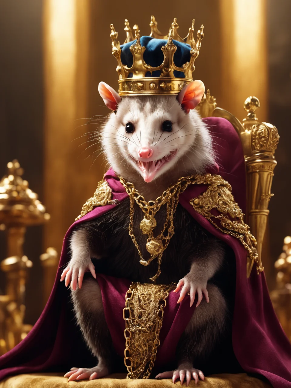 Hyperrealistic art small king opossem sits on a throne <lora:Opossum-possum-000002:1> opossum, possum oversized crown, oversized royal cloak, pile of gold, gold chains, gold teeth, cute adorable kawaii chibi, (chiaroscuro: 1.3) . Extremely high-resolution details, photographic, realism pushed to extreme, fine texture, incredibly lifelike