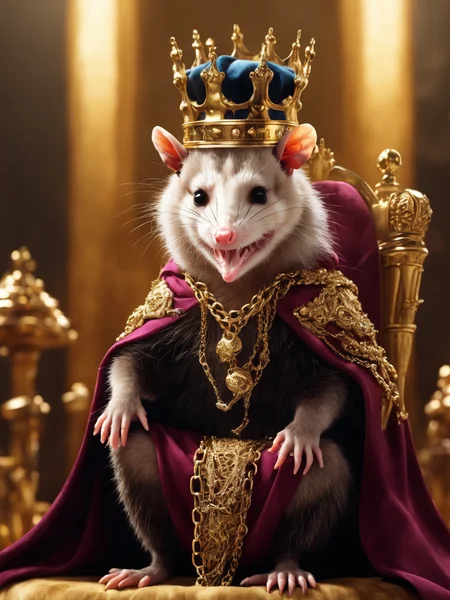 Hyperrealistic art small king opossem sits on a throne <lora:Opossum-possum-000002:1> opossum, possum oversized crown, oversized royal cloak, pile of gold, gold chains, gold teeth, cute adorable kawaii chibi, (chiaroscuro: 1.3) . Extremely high-resolution details, photographic, realism pushed to extreme, fine texture, incredibly lifelike