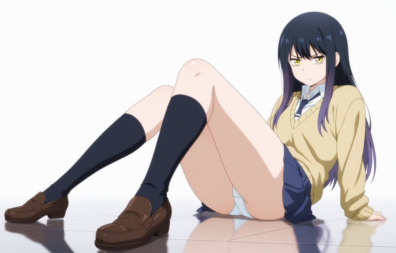 masterpiece, best quality, amazing quality, detailed, anime coloring, <lora:MikYotsub_LW:0.8>, MikYotsub_LW, anime screenshot, black hair, long hair, yellow eyes, gradient hair, purple hair, 1girl, solo, 
school uniform, necktie, white shirt, beige sweater, pleated skirt, blue skirt, sitting, leaning back, thighs, white panties, looking at viewer, annoyed, simple background, white background, full body, kneehighs, brown loafers, glossy floor, shiny floor