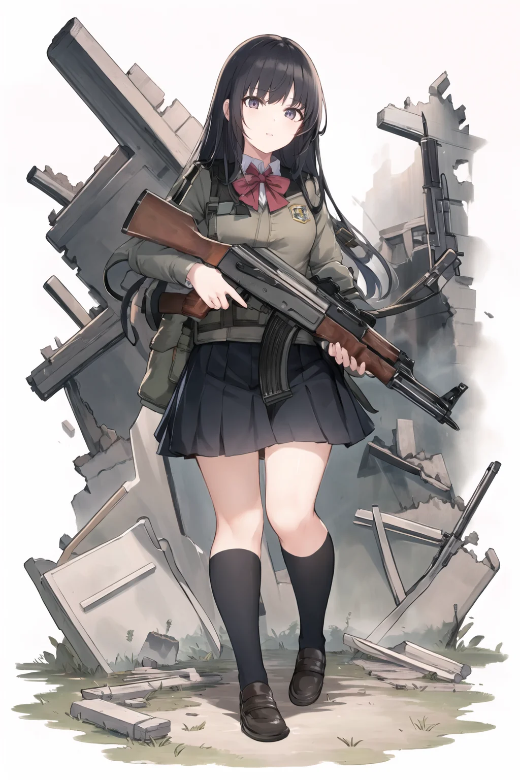 masterpiece, best quality, 1girl, school uniform, armor, tactical clothes, ruins, <lora:bettergunAK47WIP_betaWIP:0.8>, AK-47, AKM, kalashnikov_rifle, assault_rifle, holding_gun, <lora:tachi-e:1>, tachi-e, white background, full body
