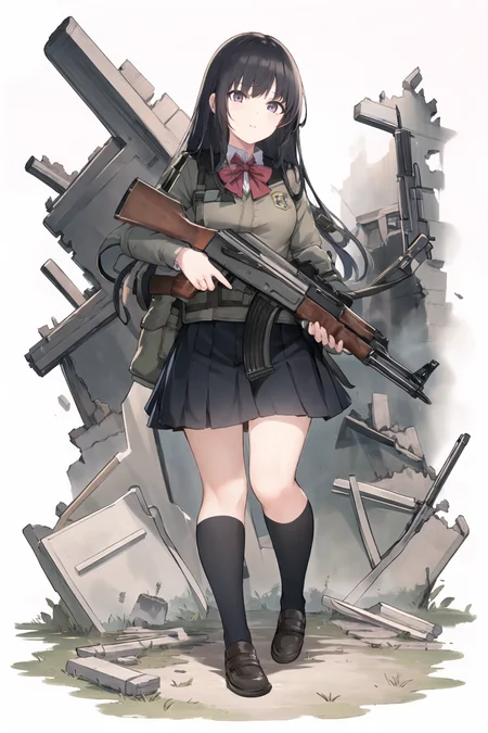 masterpiece, best quality, 1girl, school uniform, armor, tactical clothes, ruins, <lora:bettergunAK47WIP_betaWIP:0.8>, AK-47, AKM, kalashnikov_rifle, assault_rifle, holding_gun, <lora:tachi-e:1>, tachi-e, white background, full body